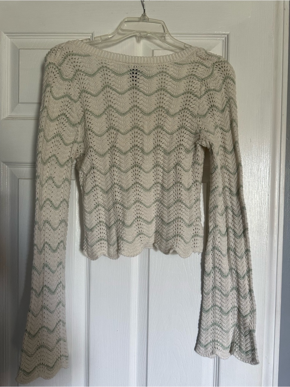Pink Rose Cream Crochet Scoop Neck Long Sleeve Top with Mint Stripe - Picture 4 of 4